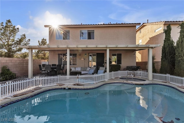 view of pool with a fenced backyard, an in-ground hot tub, a patio, and outdoor lounge area