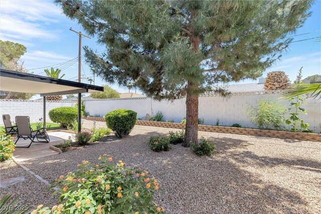 fenced backyard with a patio area