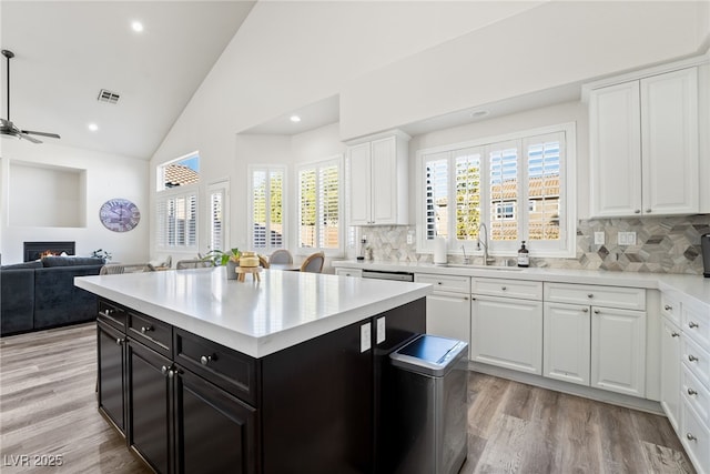 5684 Benevento Ct, Las Vegas, NV 89141 - kitchen with dark cabinetry, a sink, a lit fireplace, light wood finished floors, and ceiling fan