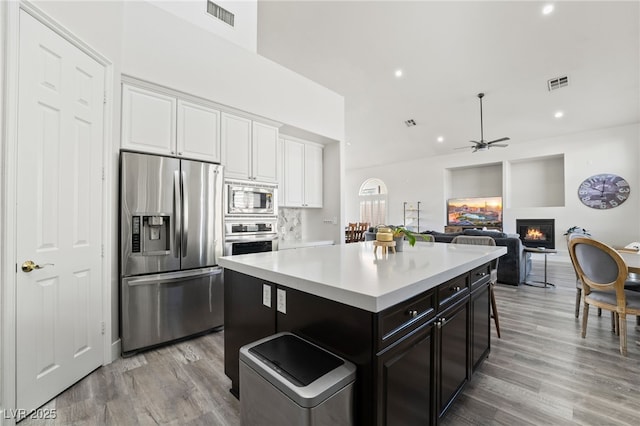 5684 Benevento Ct, Las Vegas, NV 89141 - kitchen featuring stainless steel appliances, a glass covered fireplace, white cabinets, a ceiling fan, and light countertops