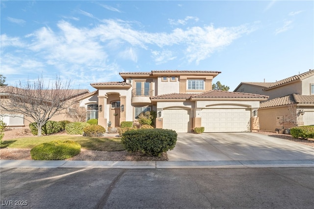 5684 Benevento Ct, Las Vegas, NV 89141 - mediterranean / spanish-style home with a tiled roof, stucco siding, concrete driveway, and an attached garage