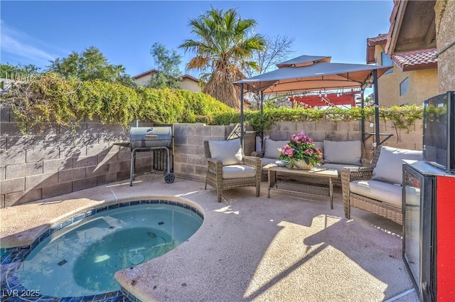 6408 Deadwood Rd, Las Vegas, NV 89108 - view of pool featuring a gazebo, an in-ground hot tub, outdoor lounge area, a patio area, and a fenced backyard