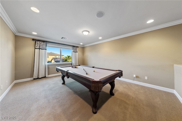 7438 Desertscape Ave, Las Vegas, NV 89178 - recreation room with billiards table, carpet floors, recessed lighting, baseboards, and ornamental molding