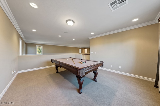 7438 Desertscape Ave, Las Vegas, NV 89178 - playroom featuring crown molding, carpet flooring, pool table, baseboards, and recessed lighting
