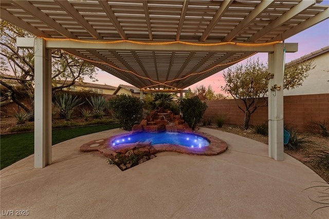 7438 Desertscape Ave, Las Vegas, NV 89178 - pool at dusk featuring a fenced backyard, a pergola, and a patio