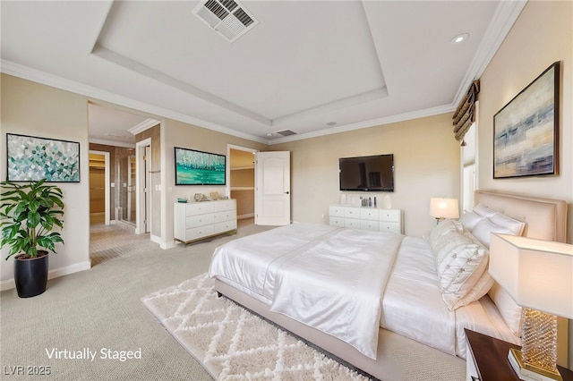 7438 Desertscape Ave, Las Vegas, NV 89178 - bedroom featuring a tray ceiling, light colored carpet, baseboards, a spacious closet, and recessed lighting