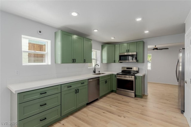 663 D Ave, Boulder City, NV 89005 - kitchen with green cabinets, appliances with stainless steel finishes, a sink, and recessed lighting