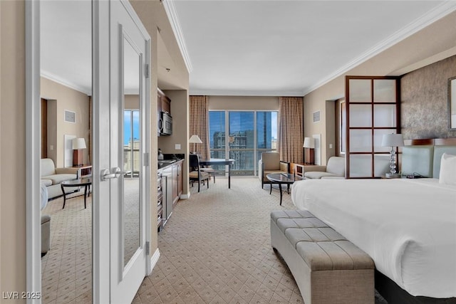 125 E Harmon Ave Unit 2907, Las Vegas, NV 89109 - bedroom featuring light colored carpet, french doors, and crown molding