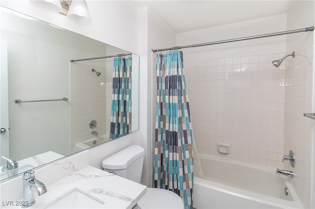 bathroom featuring shower / bath combination with curtain, toilet, and vanity