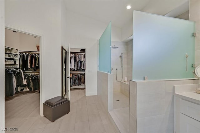 512 Pima Canyon Ct, Las Vegas, NV 89144 - full bathroom with vanity, walk in shower, tile patterned flooring, a spacious closet, and recessed lighting