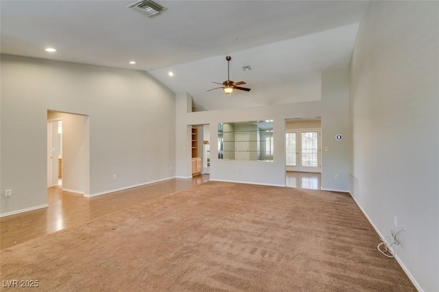 10009 Netherton Dr, Las Vegas, NV 89134 - unfurnished living room featuring carpet flooring, ceiling fan, high vaulted ceiling, baseboards, and recessed lighting
