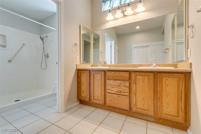 10009 Netherton Dr, Las Vegas, NV 89134 - bathroom featuring tile patterned floors, a shower, double vanity, and toilet