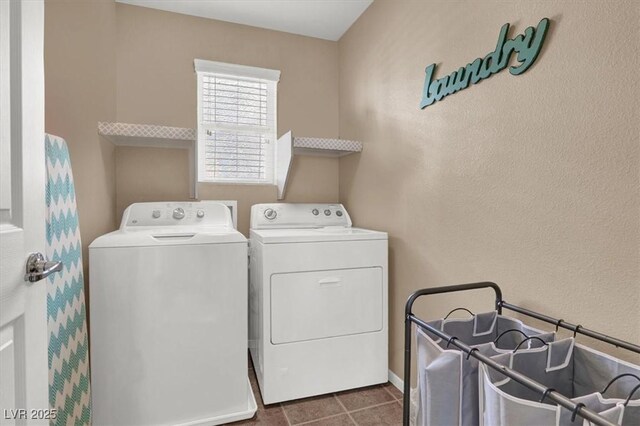 10230 Danskin Dr, Las Vegas, NV 89166 - laundry room featuring washing machine and clothes dryer, dark tile patterned floors, and a textured wall