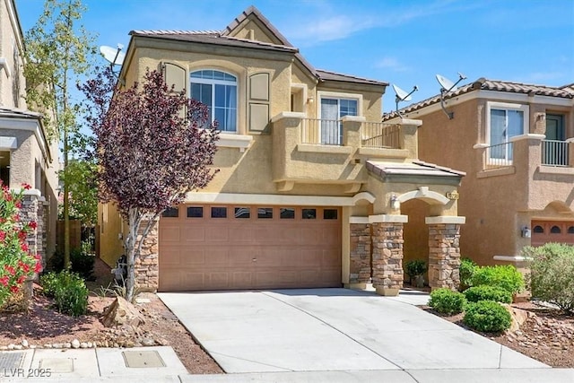 10230 Danskin Dr, Las Vegas, NV 89166 - view of front of house with a balcony, stucco siding, an attached garage, concrete driveway, and stone siding