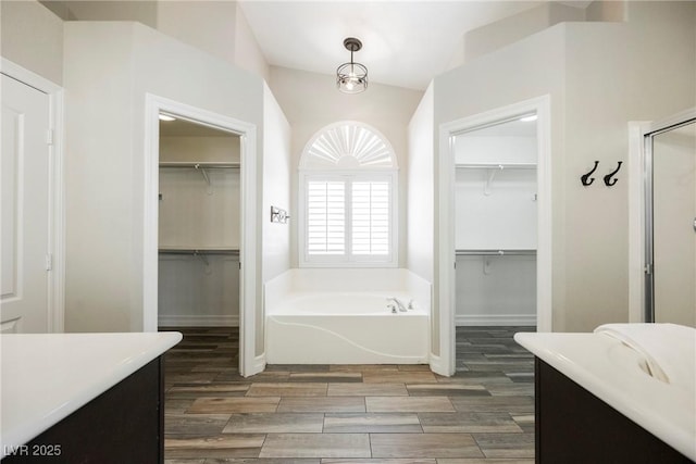 3882 Genoa Dr, Las Vegas, NV 89141 - bathroom featuring a bath, a shower stall, vanity, and wood finish floors