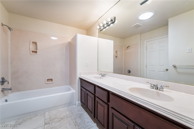 bathroom featuring bathing tub / shower combination, double vanity, and marble look tile flooring
