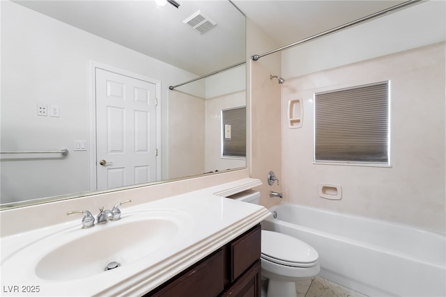 full bath with bathtub / shower combination, toilet, and vanity