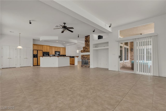 1532 Via Cassia, Henderson, NV 89052 - unfurnished living room with a ceiling fan, a fireplace, and recessed lighting