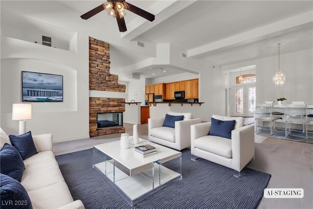 1532 Via Cassia, Henderson, NV 89052 - living room with ceiling fan, beam ceiling, and a fireplace