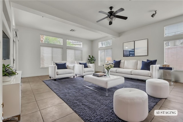 1532 Via Cassia, Henderson, NV 89052 - living room featuring light tile patterned flooring, a ceiling fan, and baseboards