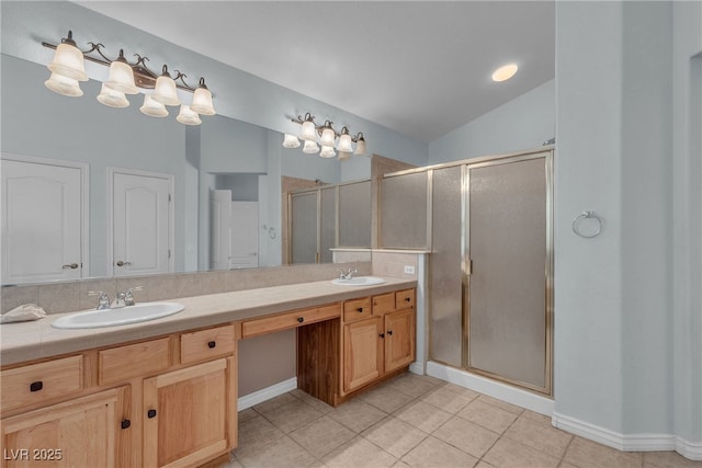 1532 Via Cassia, Henderson, NV 89052 - full bathroom featuring double vanity, a shower stall, tile patterned flooring, and vaulted ceiling