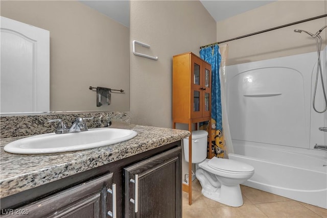 full bath with toilet, tile patterned flooring, shower / bath combination with curtain, and vanity
