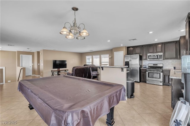 playroom featuring light tile patterned floors, a chandelier, recessed lighting, and billiards