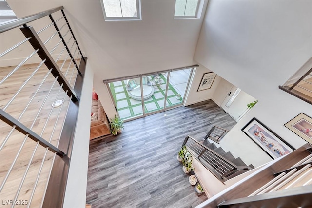 living area featuring a high ceiling and wood finished floors