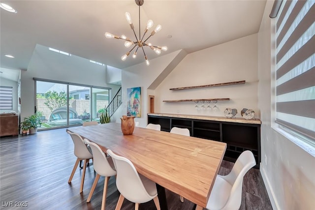 dining area with a chandelier, dark wood-style flooring, baseboards, and recessed lighting