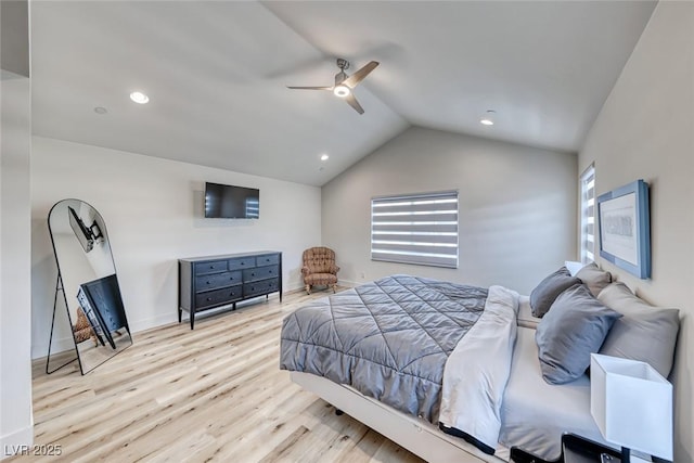 bedroom featuring vaulted ceiling, wood finished floors, a ceiling fan, recessed lighting, and baseboards