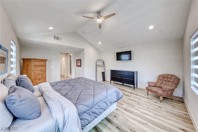 bedroom with light wood finished floors, lofted ceiling, ceiling fan, recessed lighting, and baseboards