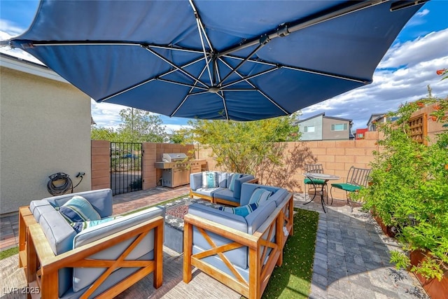 2637 Via Monet, Henderson, NV 89044 - view of patio featuring an outdoor living space, area for grilling, outdoor dining area, and a gate