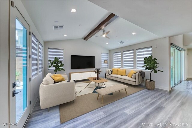 2637 Via Monet, Henderson, NV 89044 - living area featuring wood finished floors, a ceiling fan, and recessed lighting