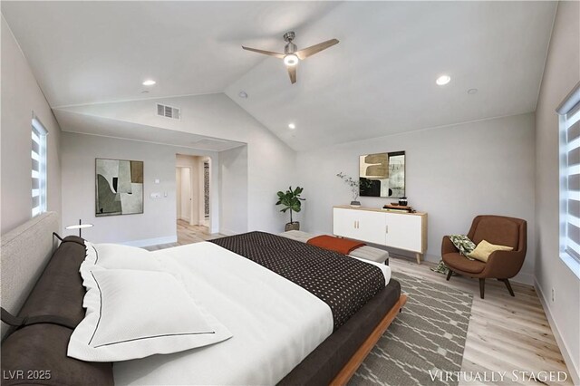 bedroom with light wood-style flooring, vaulted ceiling, a ceiling fan, recessed lighting, and baseboards