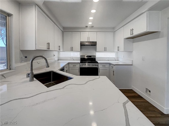983 Plantain Lily Ave, Las Vegas, NV 89183 - kitchen featuring gas stove, a sink, light stone counters, recessed lighting, and under cabinet range hood