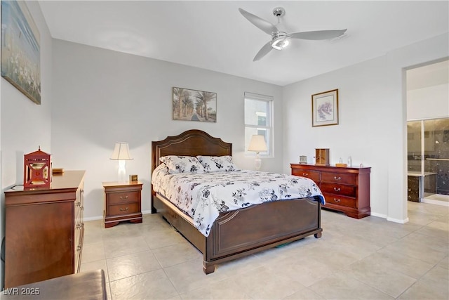 748 Dellenbaugh Ct, Las Vegas, NV 89178 - bedroom featuring baseboards, light tile patterned floors, ceiling fan, and ensuite bathroom