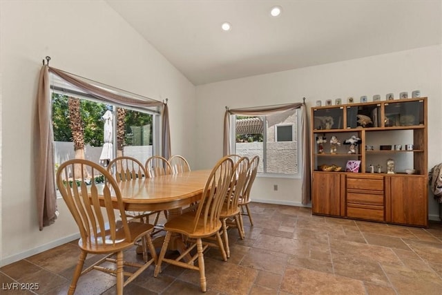 2024 Spruce Brook Dr, Henderson, NV 89074 - dining space featuring stone tile flooring, vaulted ceiling, baseboards, and recessed lighting
