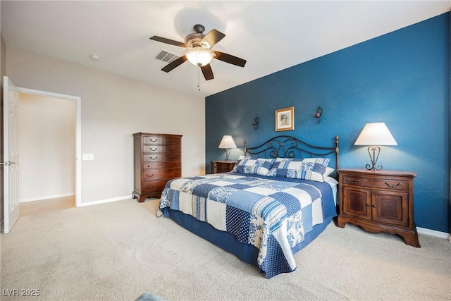 bedroom featuring carpet flooring, baseboards, and ceiling fan