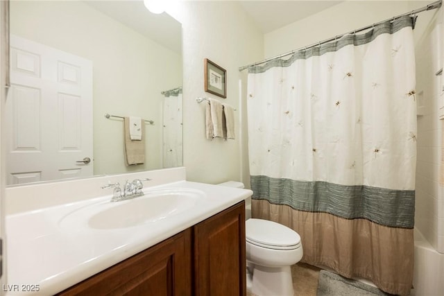 full bathroom featuring toilet, vanity, shower / bath combo, and tile patterned flooring