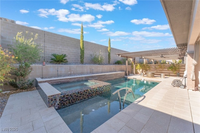 view of swimming pool featuring an in-ground hot tub, a pergola, a fenced backyard, and a patio area