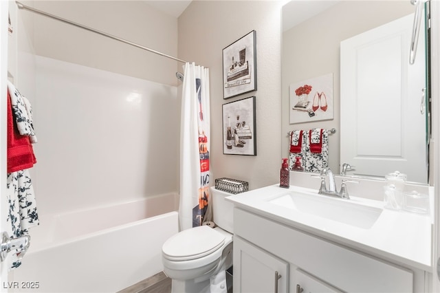 bathroom featuring toilet, vanity, and shower / bathtub combination with curtain