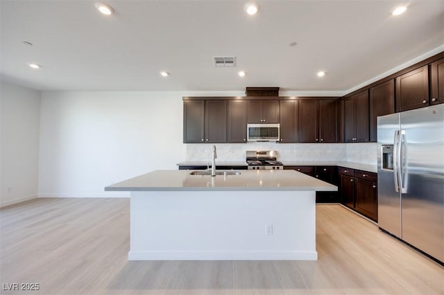 kitchen with stainless steel appliances, a sink, an island with sink, tasteful backsplash, and recessed lighting