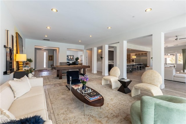 3458 W Agate Ave, Las Vegas, NV 89139 - living area featuring recessed lighting, light wood finished floors, and a ceiling fan