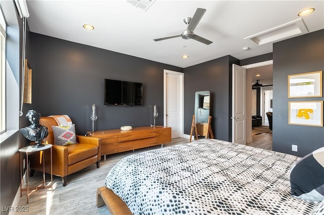 3458 W Agate Ave, Las Vegas, NV 89139 - bedroom featuring attic access, wood finished floors, recessed lighting, baseboards, and a ceiling fan