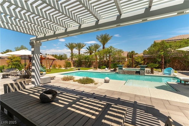 3458 W Agate Ave, Las Vegas, NV 89139 - view of pool with a fenced backyard, a patio area, a pergola, and an in-ground hot tub