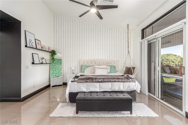 286 Fairmeadow St, Henderson, NV 89012 - tiled bedroom with an accent wall, wallpapered walls, baseboards, access to outside, and lofted ceiling