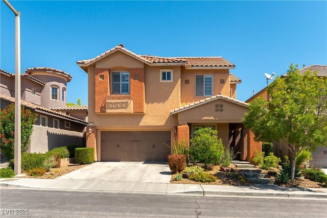 11228 Hedgemont Ave, Las Vegas, NV 89138 - mediterranean / spanish-style house featuring stucco siding, a tile roof, a garage, and concrete driveway