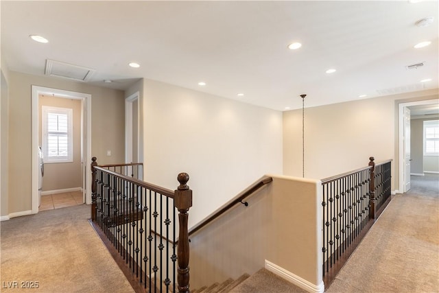11228 Hedgemont Ave, Las Vegas, NV 89138 - hallway with an upstairs landing, carpet floors, recessed lighting, and baseboards
