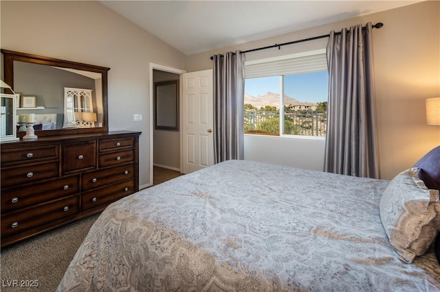 10336 Birch Bluff Ln, Las Vegas, NV 89145 - bedroom with vaulted ceiling, dark colored carpet, and baseboards