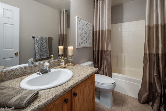 10336 Birch Bluff Ln, Las Vegas, NV 89145 - bathroom with toilet, vanity, shower / bath combo with shower curtain, and tile patterned flooring